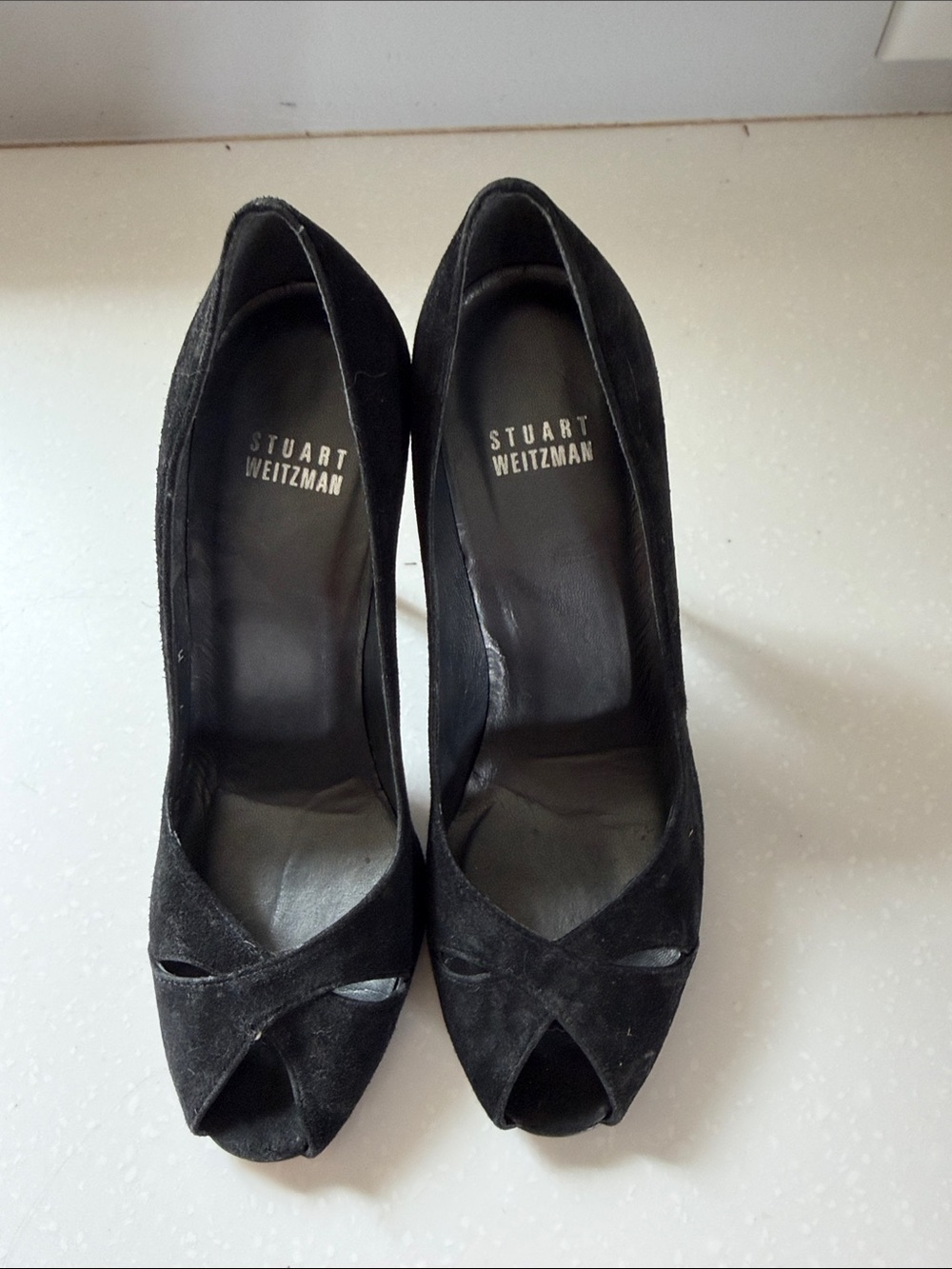Stuart Weitzman Black Suede Peep-Toe Pumps with Twist Detail